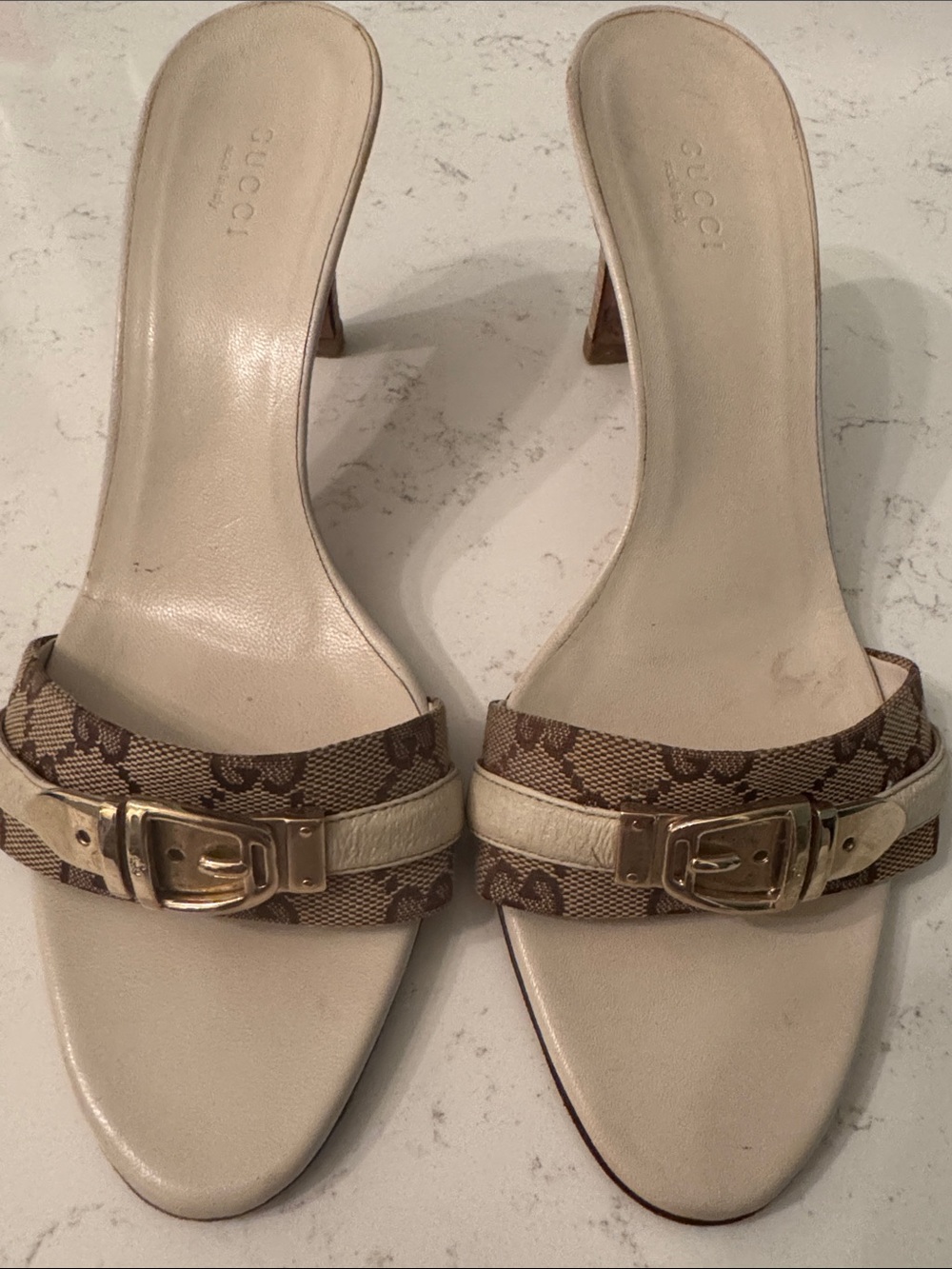Gucci Beige Monogram Mule Sandals with Gold Buckle Accent 8 1/2